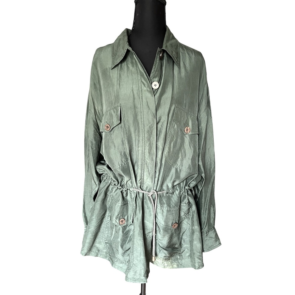 MJ Carroll Vintage 90s 100% Silk Safari Utility Jacket Shacket L Quiet Luxury